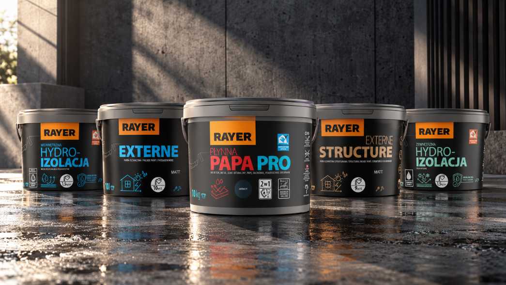 Produkty RAYER - hydroizolacja, farby elewacyjne Externe i Structure Externe oraz Płynna Papa PRO